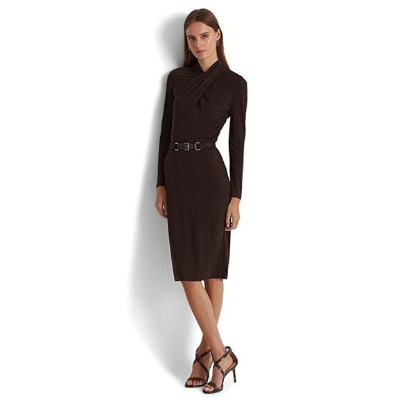 Ralph Lauren Women's Mock-Neck Knee-Length Sheath Dress, Brown Size 6 - Picture 1 of 3